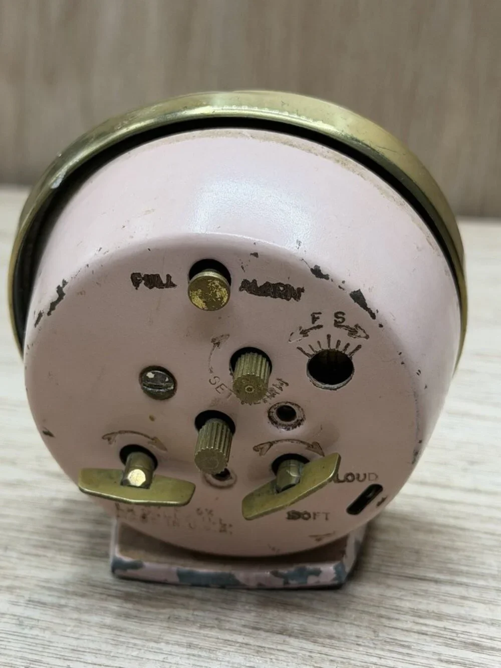 Vtg Baby Ben Alarm Clock Pink W/Brass Plated Base And Pink Stones In Lens Bezel